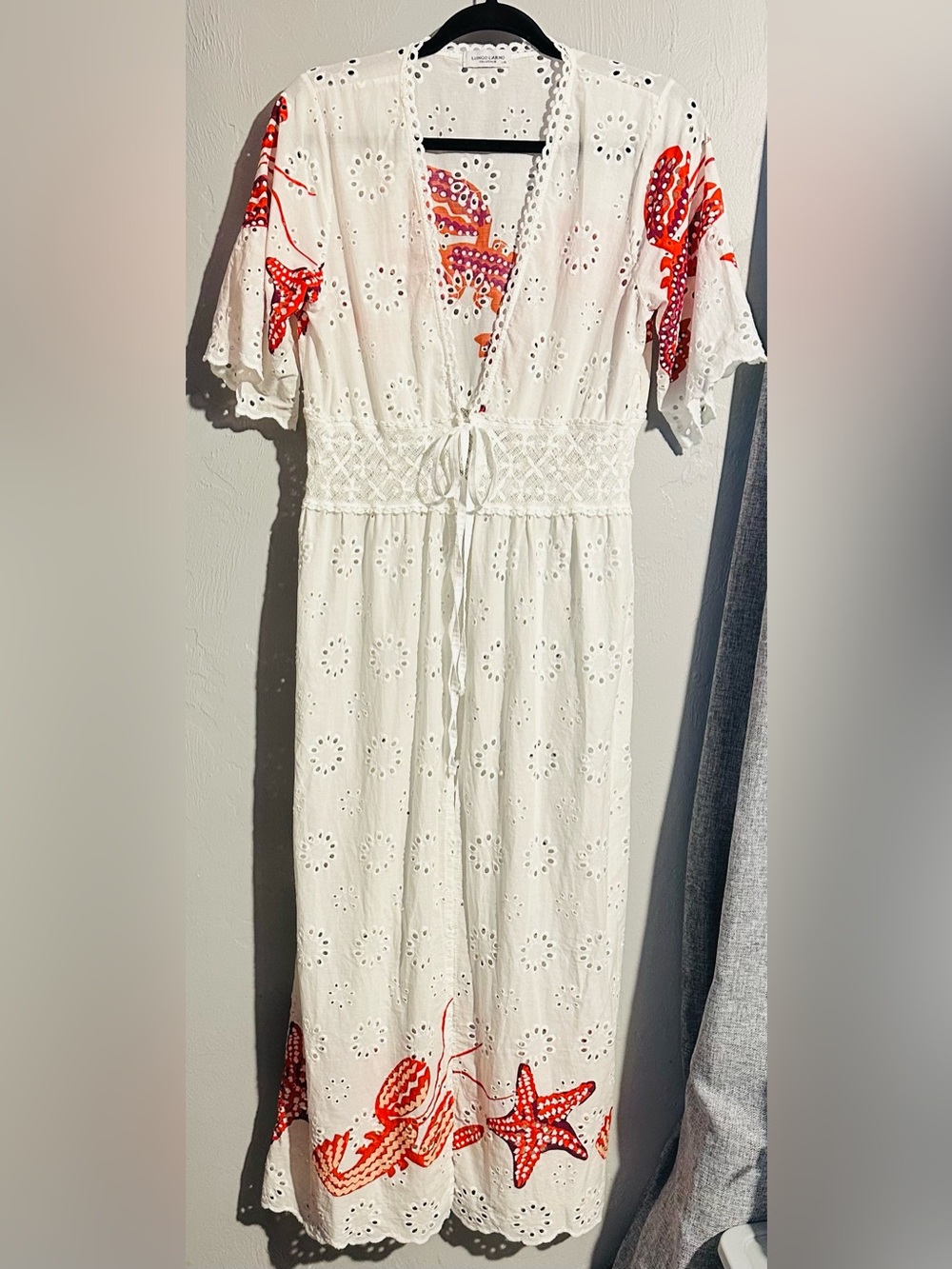 Lungo L’Arno Made in Italy Short Flutter Sleeve Printed Off White Eyelet Maxi - Picture 2 of 10